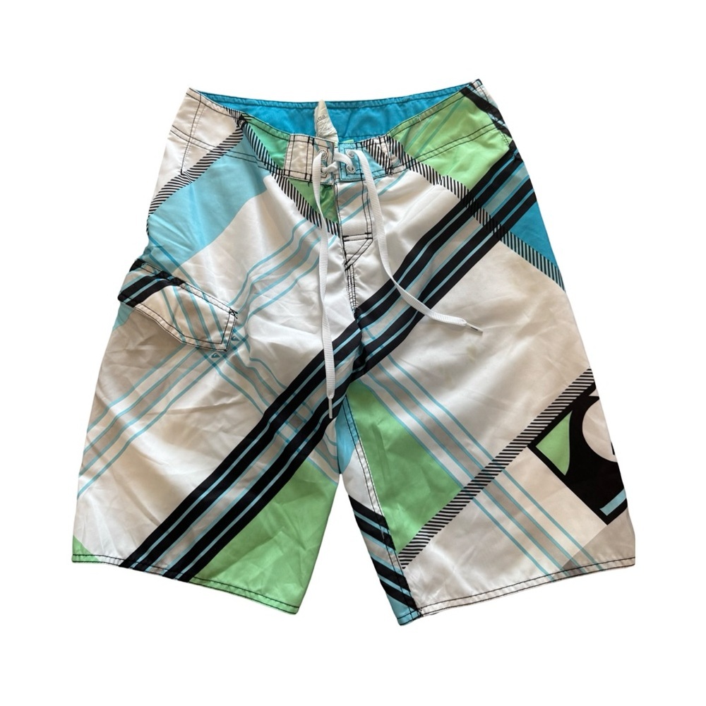 Quiksilver Boardshorts Mens Size 30 White Blue Plaid Polyester Drawstring